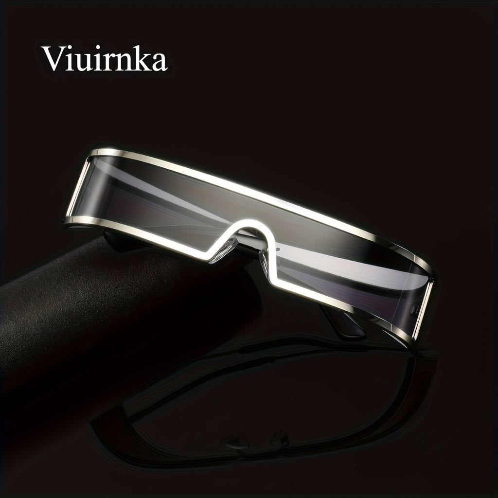 VIUIRNKA Men's Fashion Glasses, Cyberpunk Metal Wraparound Frame, Wide Temple Futuristic Design with Case, Lightweight Street Style Fashion, Perfect for Halloween & Christmas Gift Giving, Cool Quality Event Wear