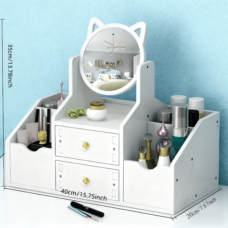 Jewelry Box, Dressing Table with Cat Ear Mirror, Perfect Choice for Home or Bedroom Organization, Durable Construction, Ideal for Birthdays, Christmas, and as a Gift.