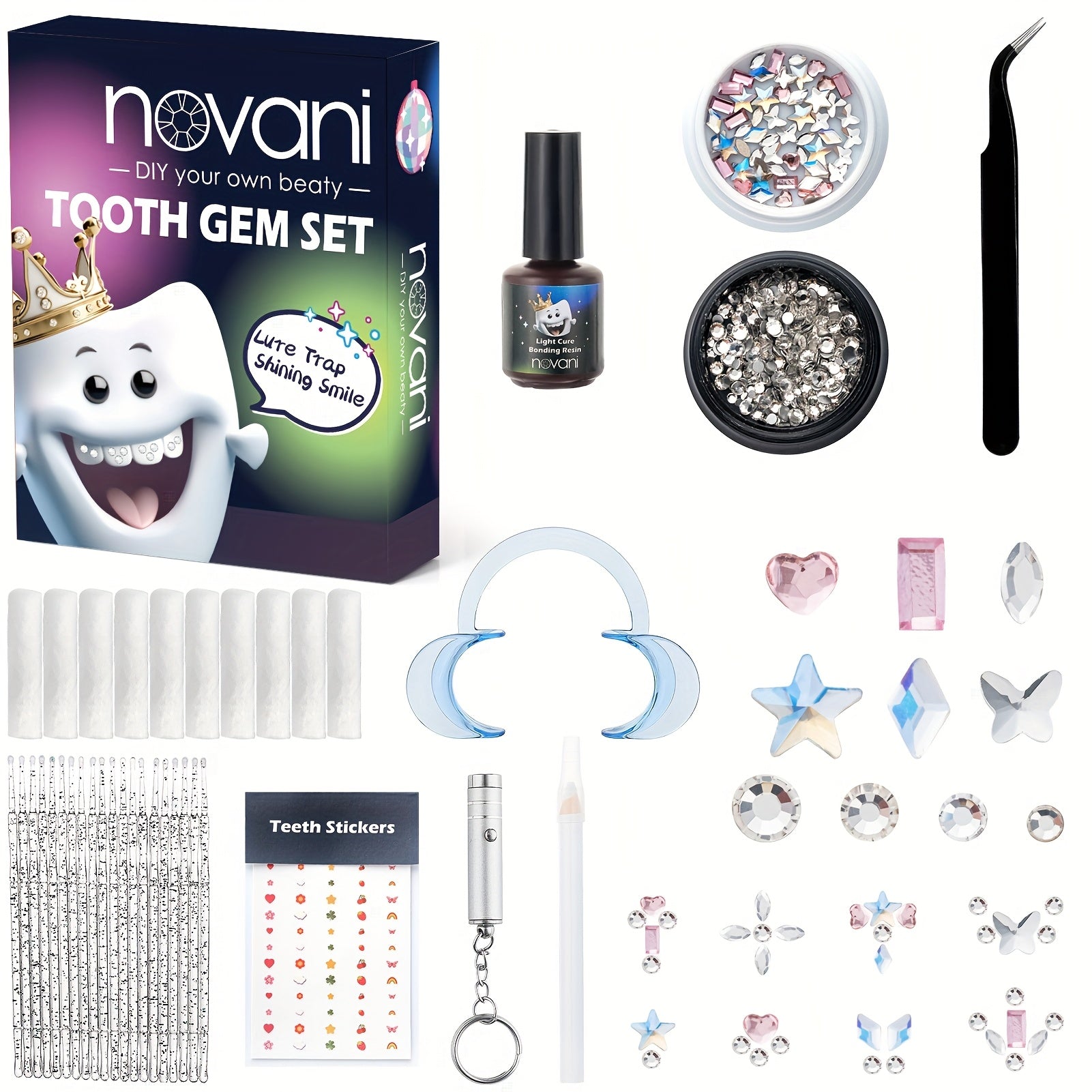 [Professional Tooth Gem Kit] WATRA Professional 260pcs Premium Multi Shaped Artificial Crystal Tooth Gem Kit | 2D Flat, Elegant Flat Back Crystals with Professional Applicator for A Chic, Refined Look, Grillz