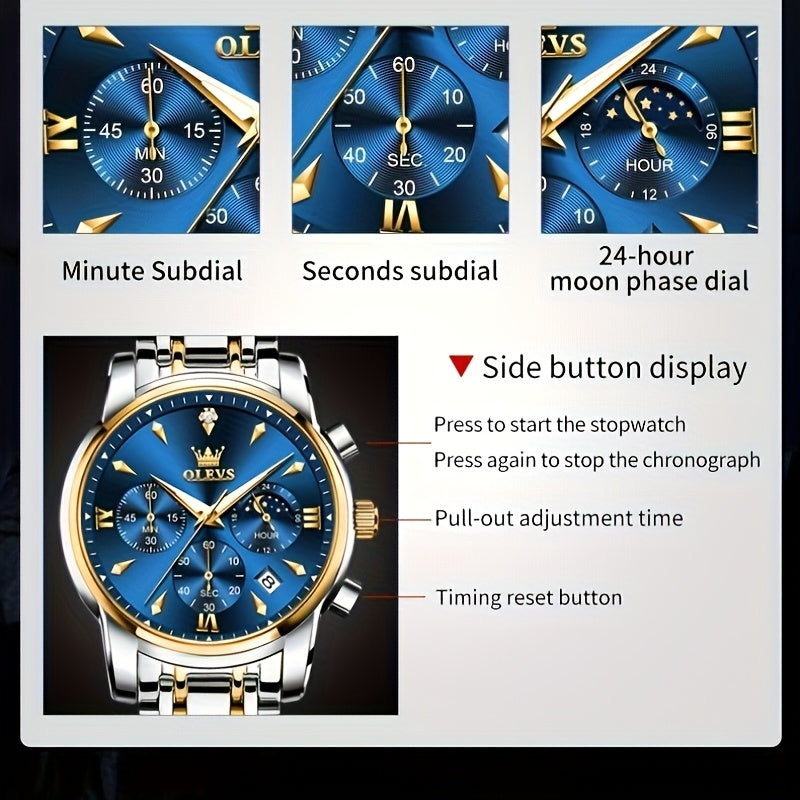 [Luxury Men's Watches] OLEVS Men's Watches for Business Dress, Analog Quartz Chronograph, Luxury Two-Tone Stainless Steel, Moon Phase, Luminous Date, Classic Men's Wrist Watches