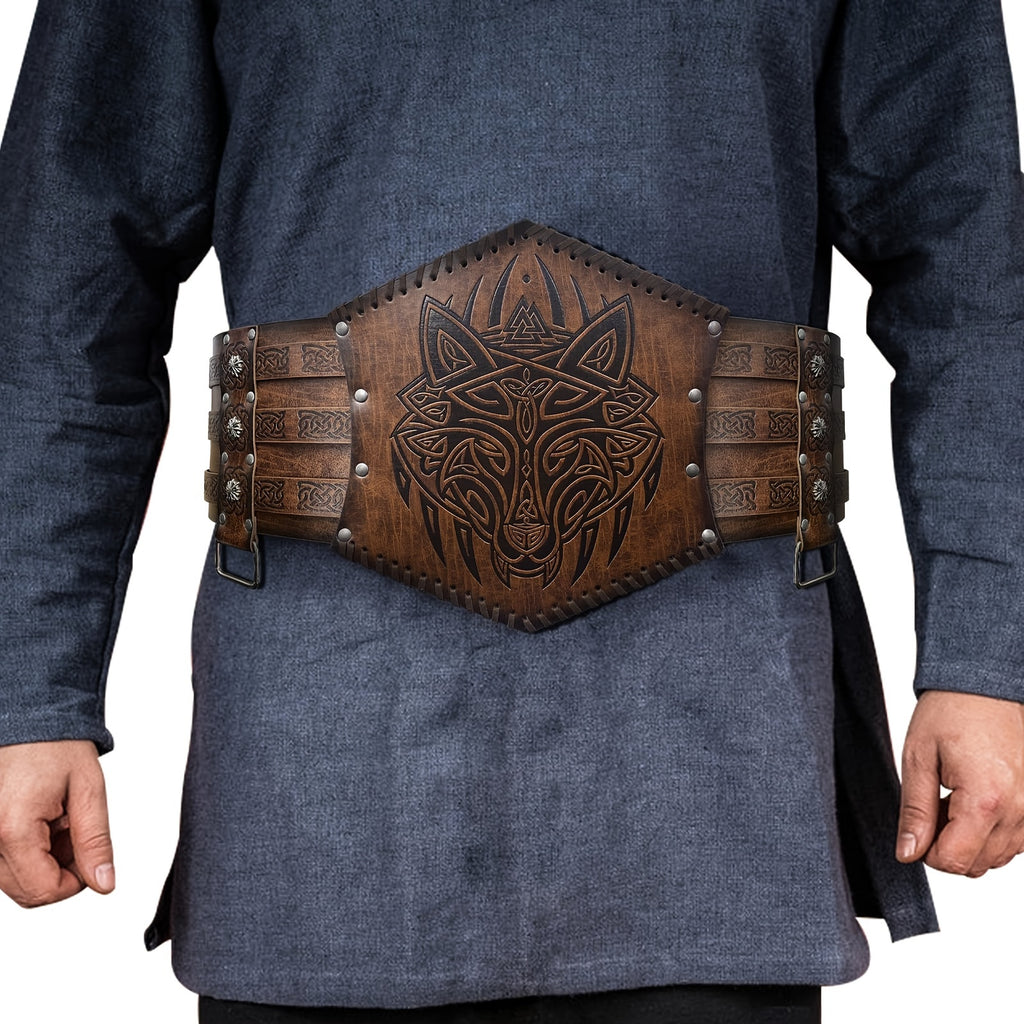 "Time Traveler" Men'S Viking-Inspired Wide Belt - Scandinavian Pu Leather With Unique Alloy Buckle For Halloween & Cosplay