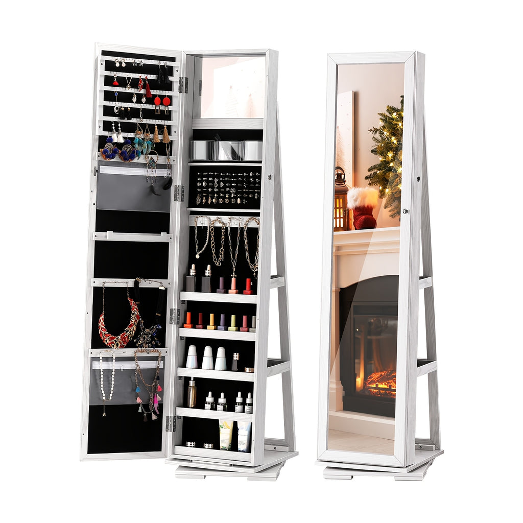 360° Rotating Jewelry Cabinet, Jewelry Closet with Full Length Mirror, Rotating Mirror Standing Jewelry Cabinet, Large Standing Jewelry Box with Storage, Soft Velvet Interior, Gift, White