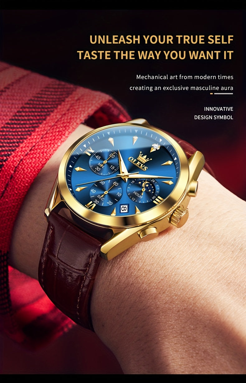 OLEVS Watches for Men Business Dress Analog Quartz Chronograph Casual Faux Leather Waterproof Moon Phase Luminous Date Luxury Mens Wrist Watches Reloj Para Hombre