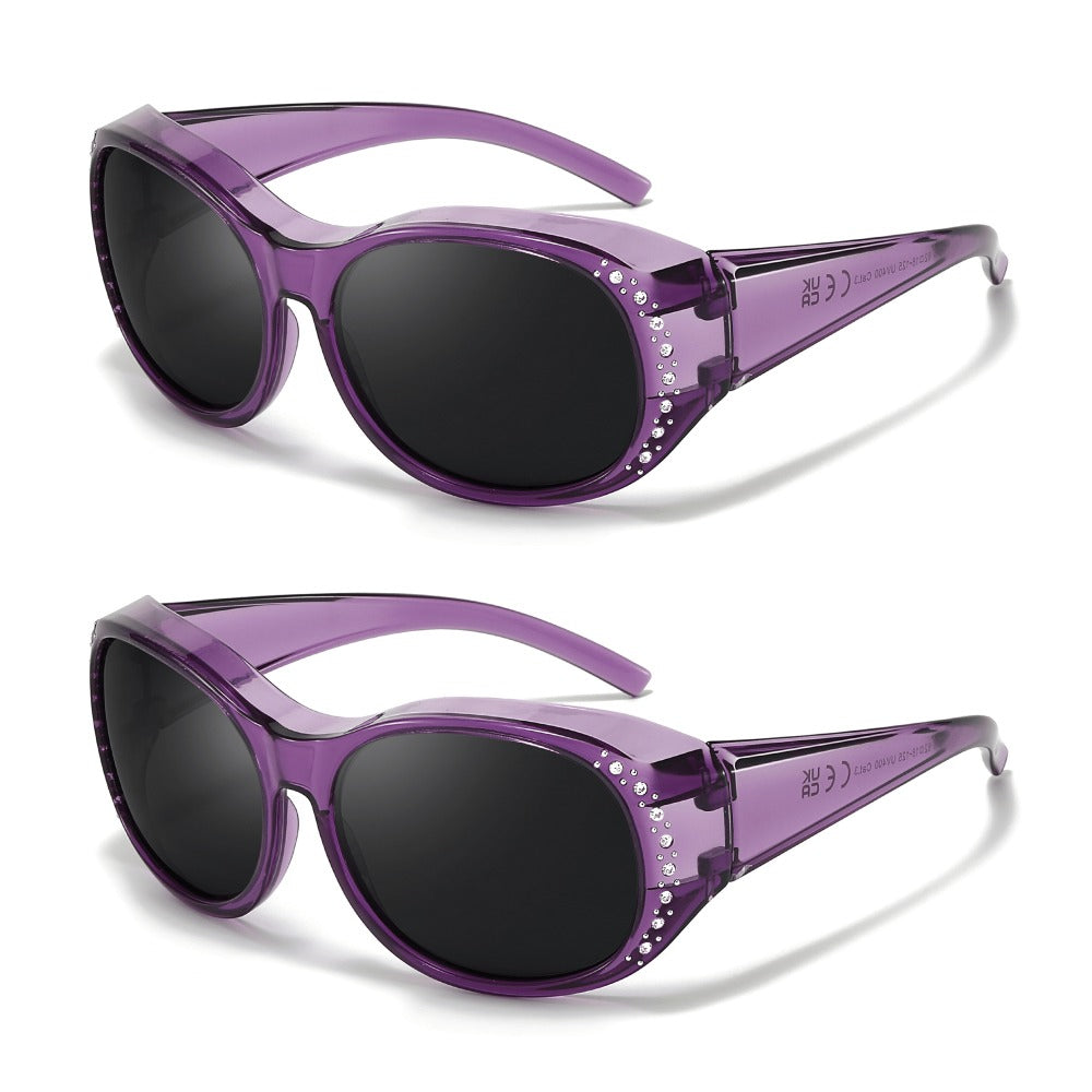 2PACKS Women's Polarized Fit Over Fashion Glasses for Prescription Glasses - Rhinestone Accent Wraparound, Polarization for Glare, Compatible with Eyeglasses (No Adapter/Device Needed)