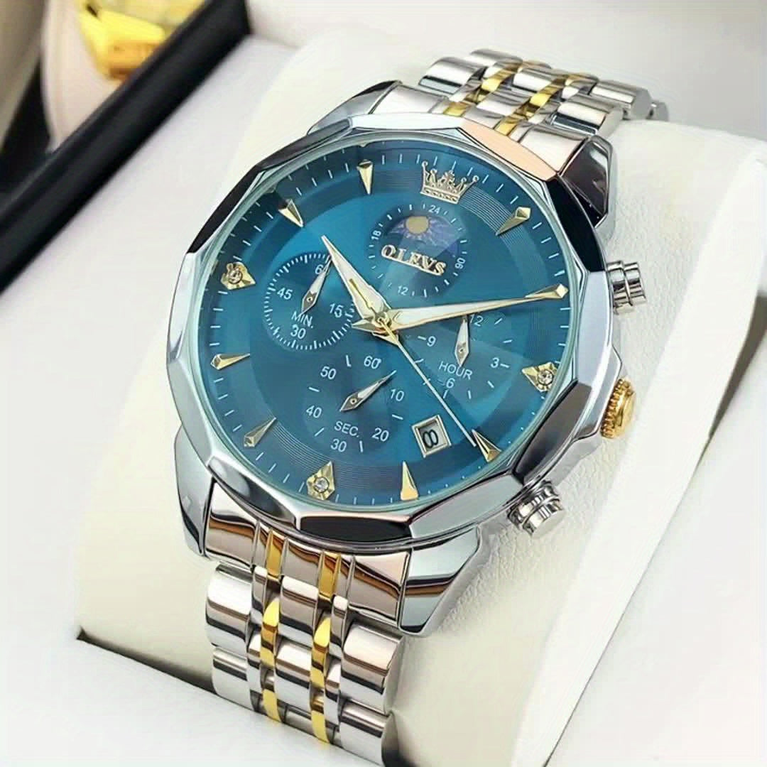 OLEVS Watches for Men Business Dress Analog Quartz Chronograph Luxury Two Tone Stainless Steel Moon Phase Luminous Date Classic Men'S Wristwatches Reloj Para Hombre