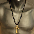 Adjustable Ankh Cross Natural Black Onyx Gemstone Beaded Macrame Necklace - Unique Protection Symbol Jewelry - Fashionable Gift For Him, Her, Mom, And Loved Ones