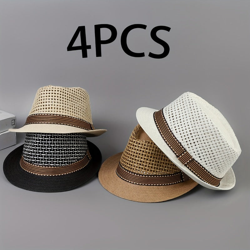 [Straw Panama Hats] 4 Unisex Lightweight Straw Panama Hats with Breathable Mesh for Spring And Summer - Equipped with Zippers - Ideal for Beaches, Casual Gatherings And Traveling