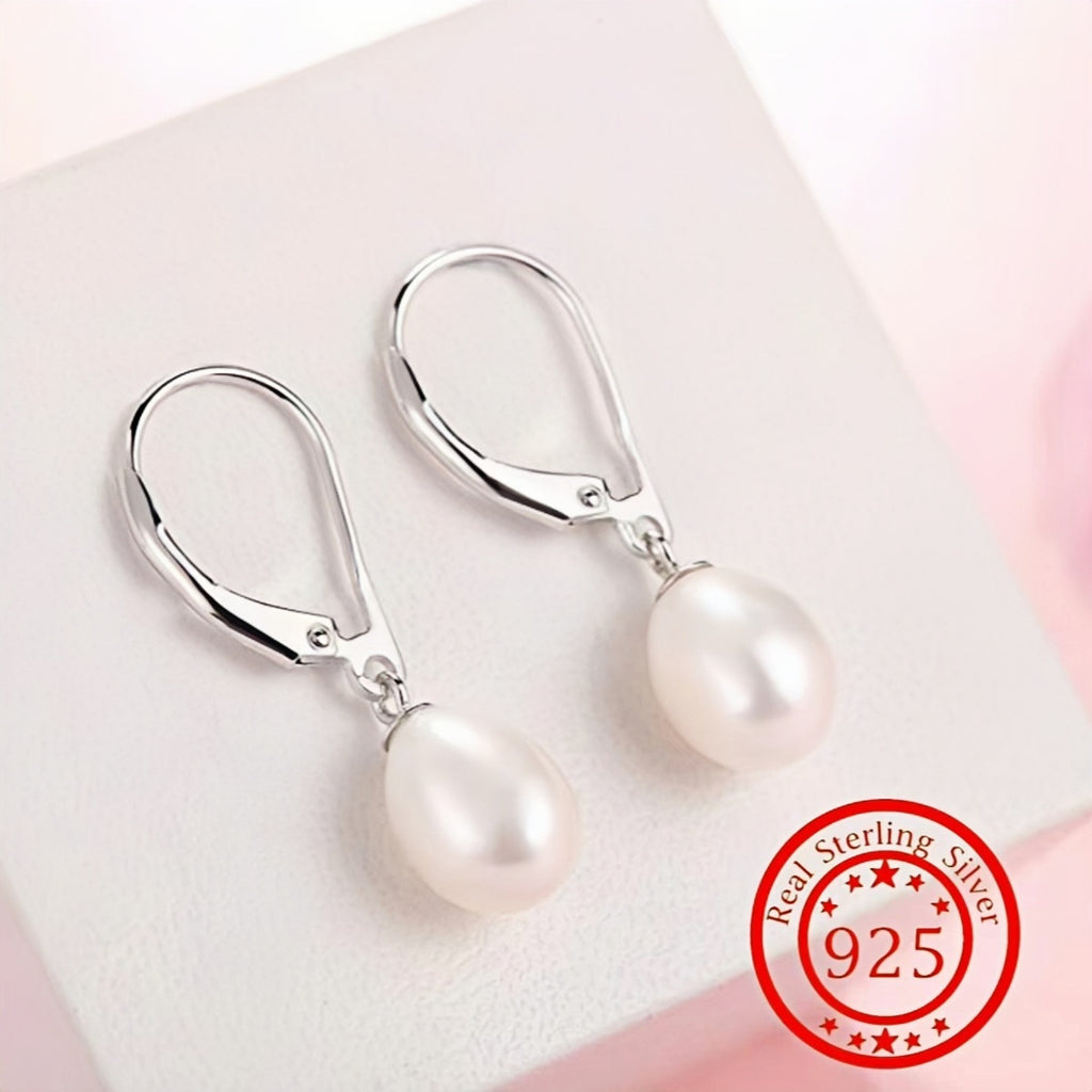 Pair of Elegant 925 Sterling Silvery Freshwater Pearl Drop Earrings, with Lobster Clasp, for Wedding Banquets, Valentine'S Day, Music Festivals, All Season