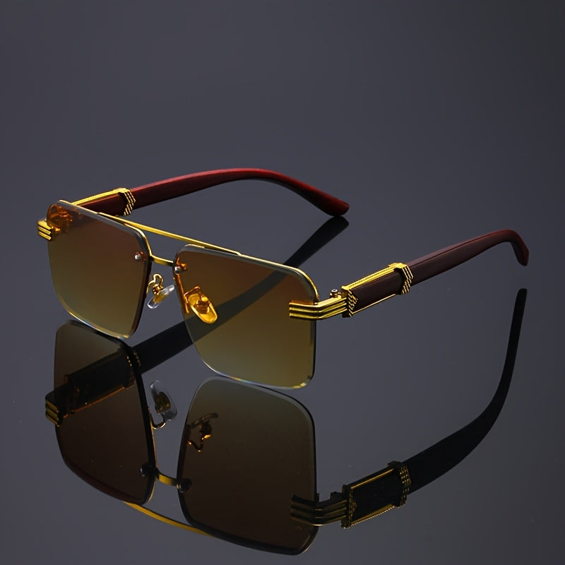 5 Pack  Double Bridge Rimless Glasses - Unisex Wooden Temple Lightweight Polycarbonate, Stylish Statement Eyewear for Parties & Fashion Lovers