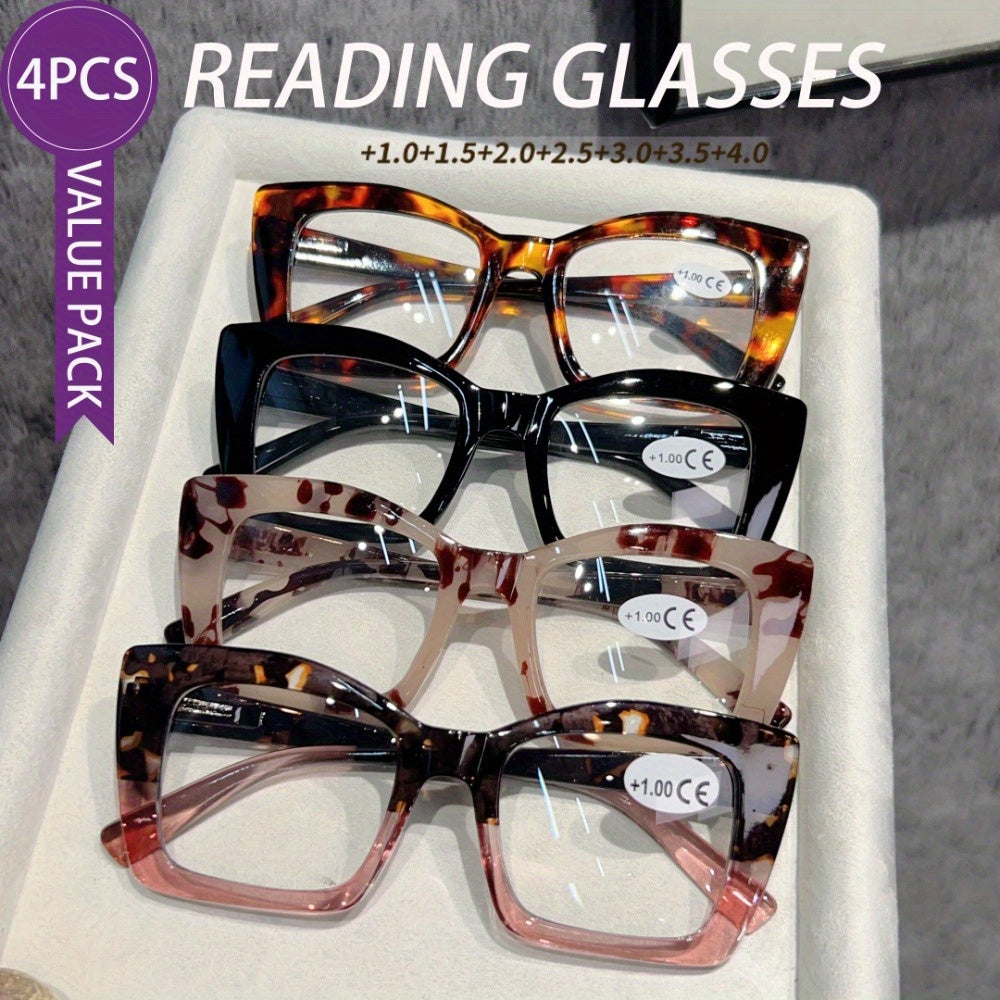 2025 New Arrival: 4 Pairs Of Value-for-Money Reading Glasses Stylish Reading Glasses For Men And Women Cat-eye Oversized Frames In European And American Fashion Styles Featuring Sturdy Spring Hinges No Batteries Required