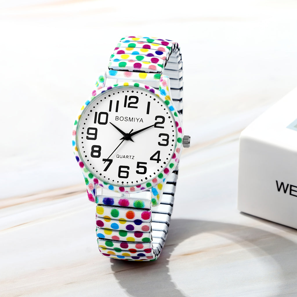 Women's Analog Quartz Elastic Watch, Teenager's Watch, Printed Stretch Stainless Steel Strap, Large Arabic Numerals Scale Dial, Clear And Easy to Read, Easy to Wear, Christmas Birthday Anniversary Gift, JEWELRYWE