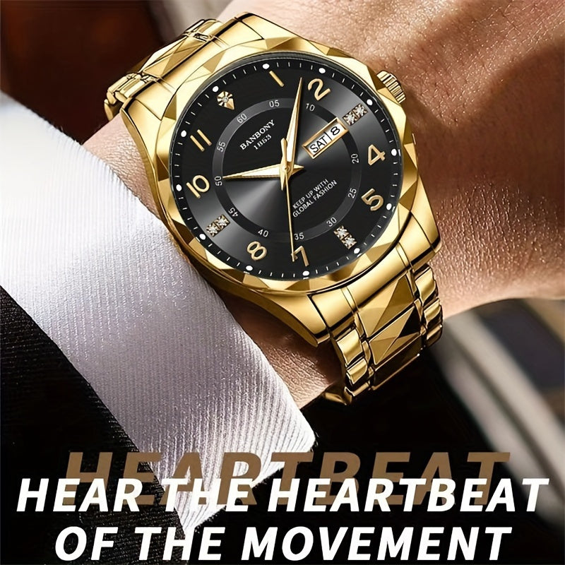 New BANBONY Brand Stainless Steel Quartz Watch Men's & Women's with Rhinestone-Embellished Simple Digital Round Dial, Luminous Display Multifunctional Fully Automatic Wristwatch for Casual Sports IPX7 Waterproof Holiday Birthday Family Party Gift