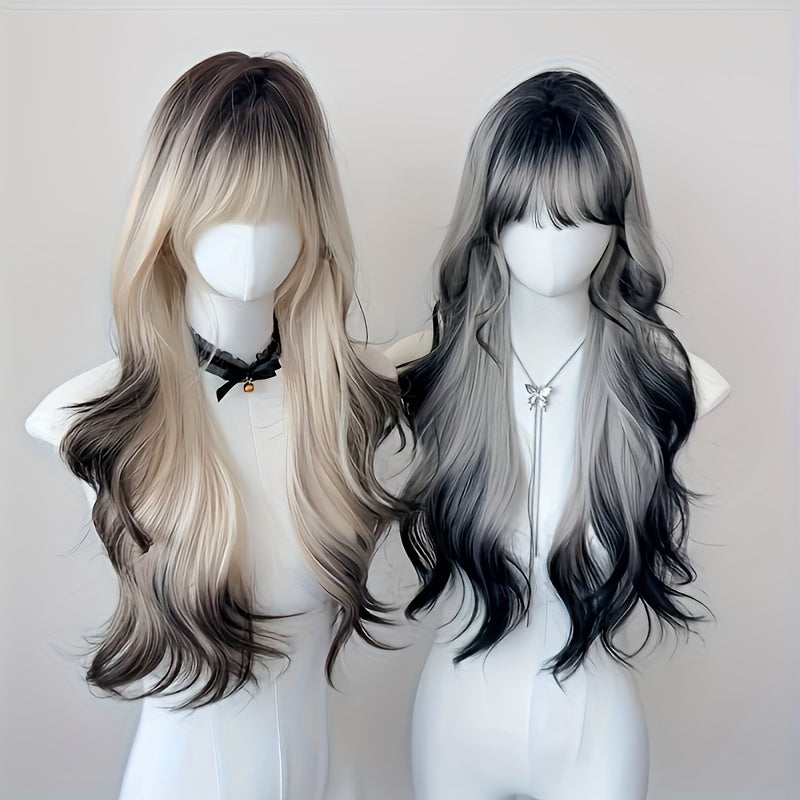 26-inch Women's Y2K Gradient Looking Wig with Bangs - Long Curly Waves ( to Ombre), Full Head Volume for Parties, Music Festivals & Daily Wear - European/American Style Hairpiece