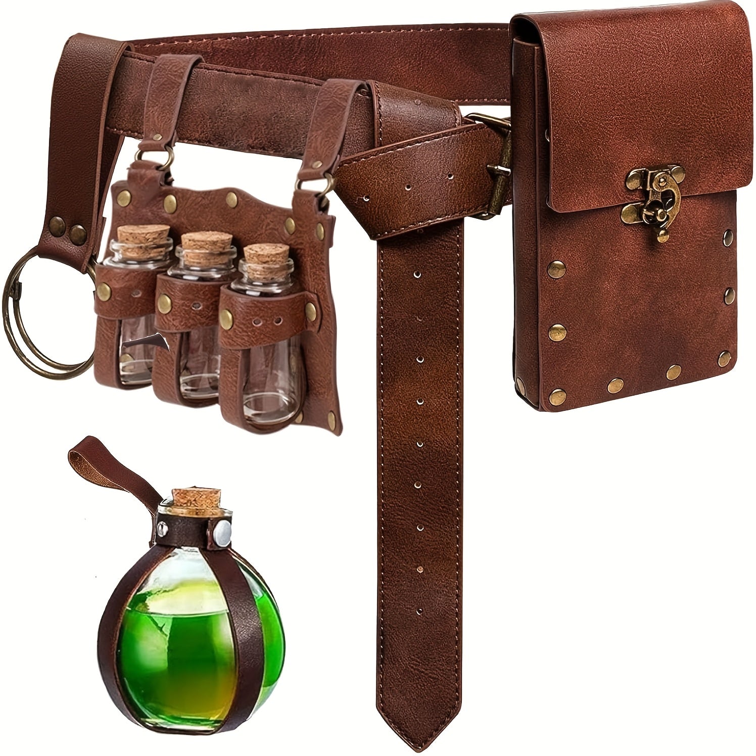 Set of 5 Renaissance-Themed Additions Including a Belt Pouch, Waist Bag, Keyring Hook, And Potion Vials, Perfect for Festival Cosplay Or Halloween Costumes