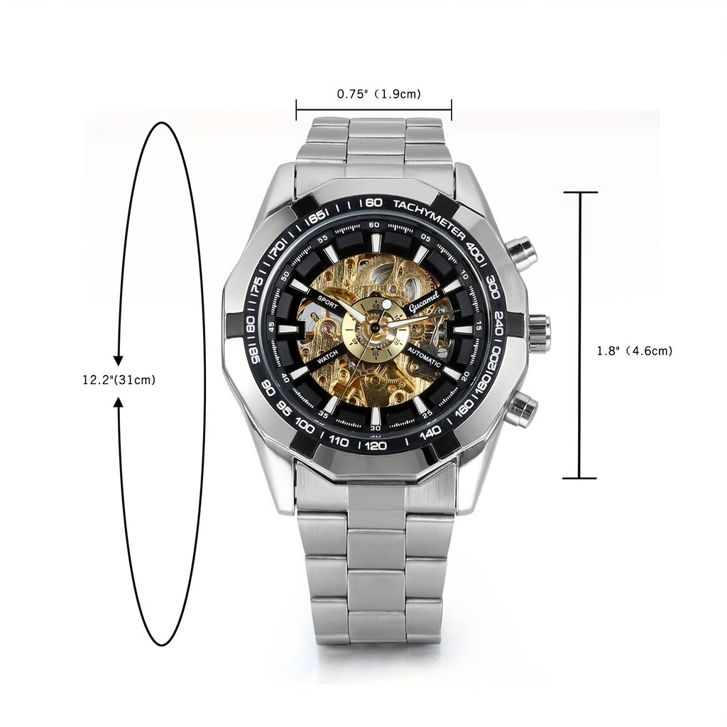 [Automatic Skeleton Watch] Jewelrywe Men's Self-Winding Watch Stainless Steel Band Automatic Mechanical Skeleton Wristwatches, Without Battery