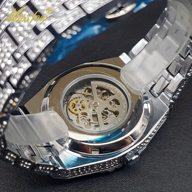 Luxury Automatic Mechanical Watch for Men's Hip-hop Brand MISSFOX Steel All Ice Rhinestone Jewelry Golden Watch for Fashionable Men's New Style