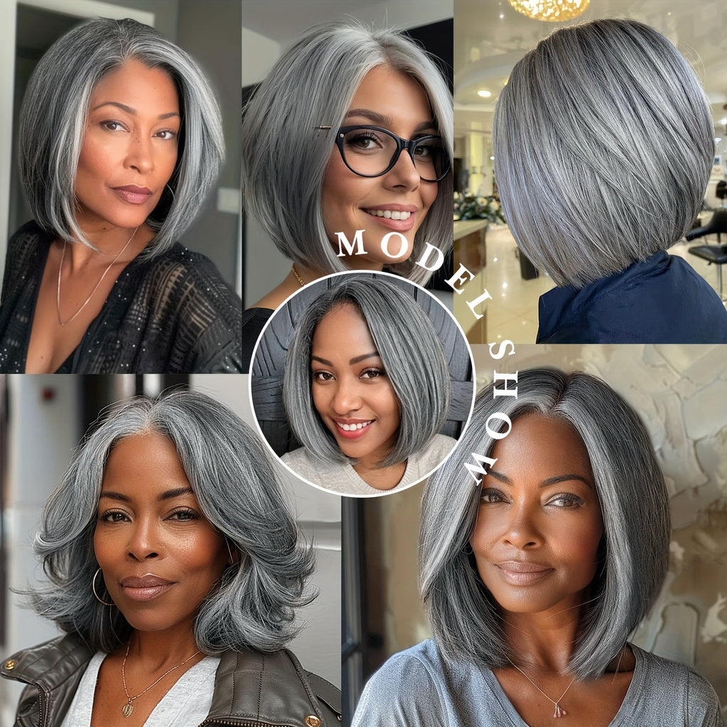 Grey Straight Hair Pixie Cut with Bangs 12 Inch Highlight Silvery Grey Synthetic Pixie Bob Hair Wig for Women Daily Dress Up Cosplay