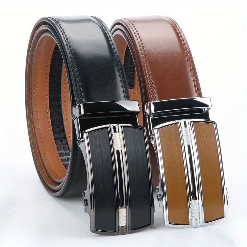 2pcs Genuine Leather Ratchet Belt for Men - Adjustable Automatic Buckle, Versatile Casual Business Style, Durable Alloy Buckle, High-Quality Leather Panel, Easy to Wear And Suitable for Any Occasion