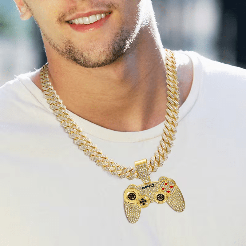 2pcs Fashionable Game Controller Pendant Necklace with Rhinestones - Men's Hip - Hop Cuban Chain, Ideal for Music Festivals, EDM Parties