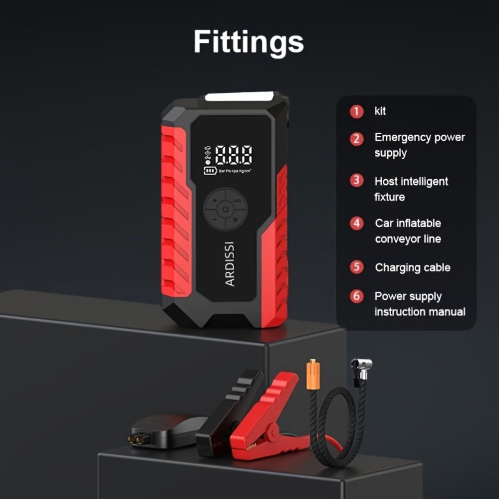 10000A 7-In-1 Multifunctional Emergency Jump Starter with 150PSI Air Pump, Digital Tire Inflator, Portable Car Battery Charger, Up to 2.64gal Gas/2.38gal Diesel, LED Emergency Light & USB Charging, Car Emergency Tool. Suitable As a Holiday Gift