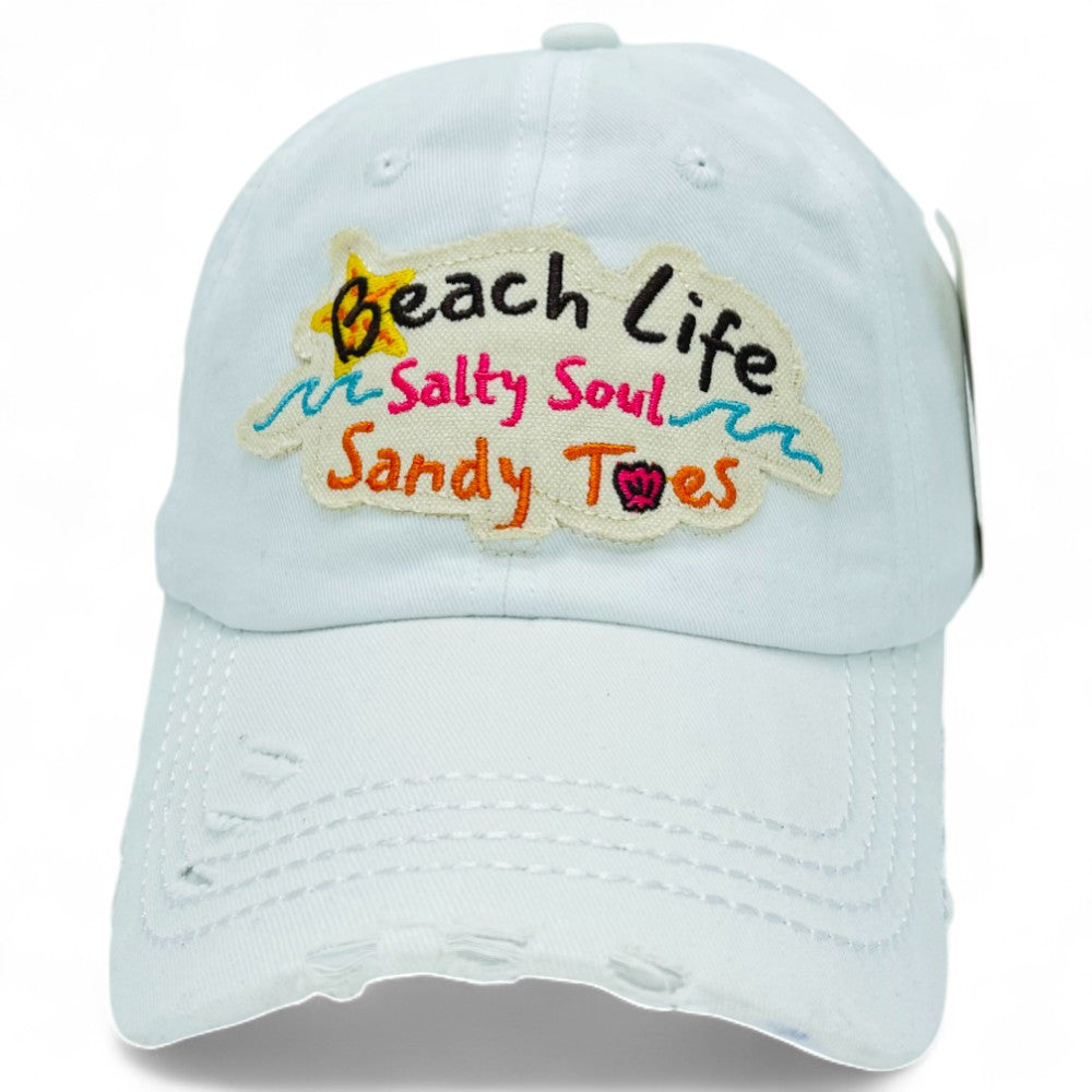 "Beach Life Salty Soul Sandy Toes" Baseball Cap-Local Artist Designed, Vintage, Distressed, Embroidered, 100% Cotton, UV Protection, Adjustable