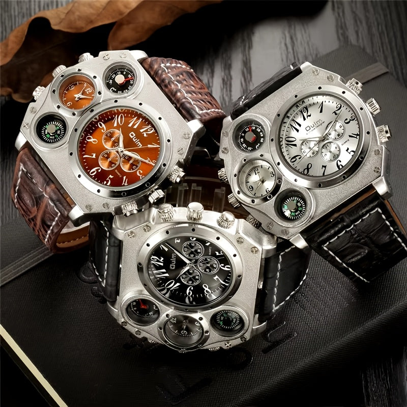 [Dual Time Zone Watch] 2pcs Domineering Men's Dual Time Zone Sports Watch Ring Set Multi-function Quartz Watch with Ring