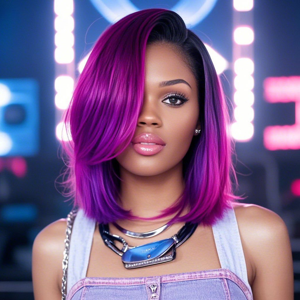 2026 July 4th Wig - 12" Fantasy Pink Purple Gradient Synthetic Natural Straight Wig with Bangs | Summer Breathable | Ready to Wear, Suitable for Beginners | Everyday, Holiday, Cosplay Wigs | Great for Independence Day, Thanksgiving, Halloween, Christmas |