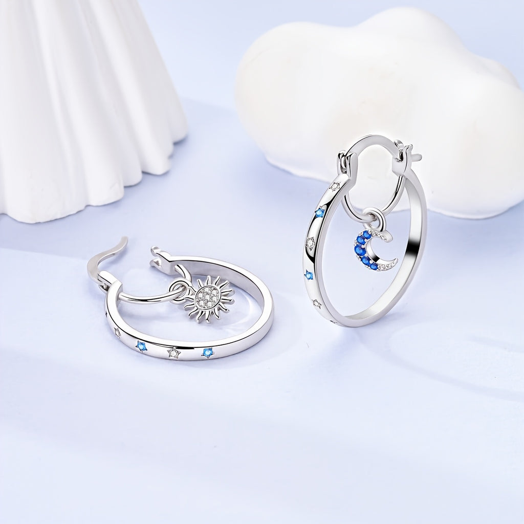 A Set of Large Hypoallergenic Hoop Earrings for Women, Crafted from 925 Silver, Featuring a Unique Sun And Design