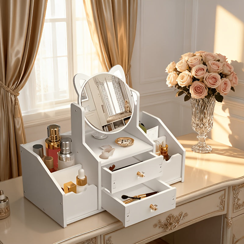 Jewelry Box, Dressing Table with Cat Ear Mirror, Perfect Choice for Home or Bedroom Organization, Durable Construction, Ideal for Birthdays, Christmas, and as a Gift.