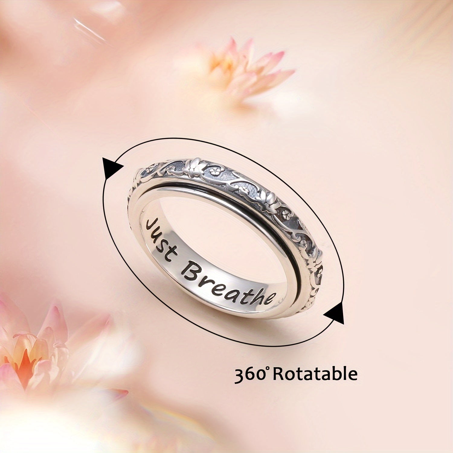 Spinner Fidget Ring S925 Sterling Silver Lotus Flower Yoga Just Breathe Anxiety Worry Band Oxidized Fidget Boredom ADHD Autism Rings For Women Men