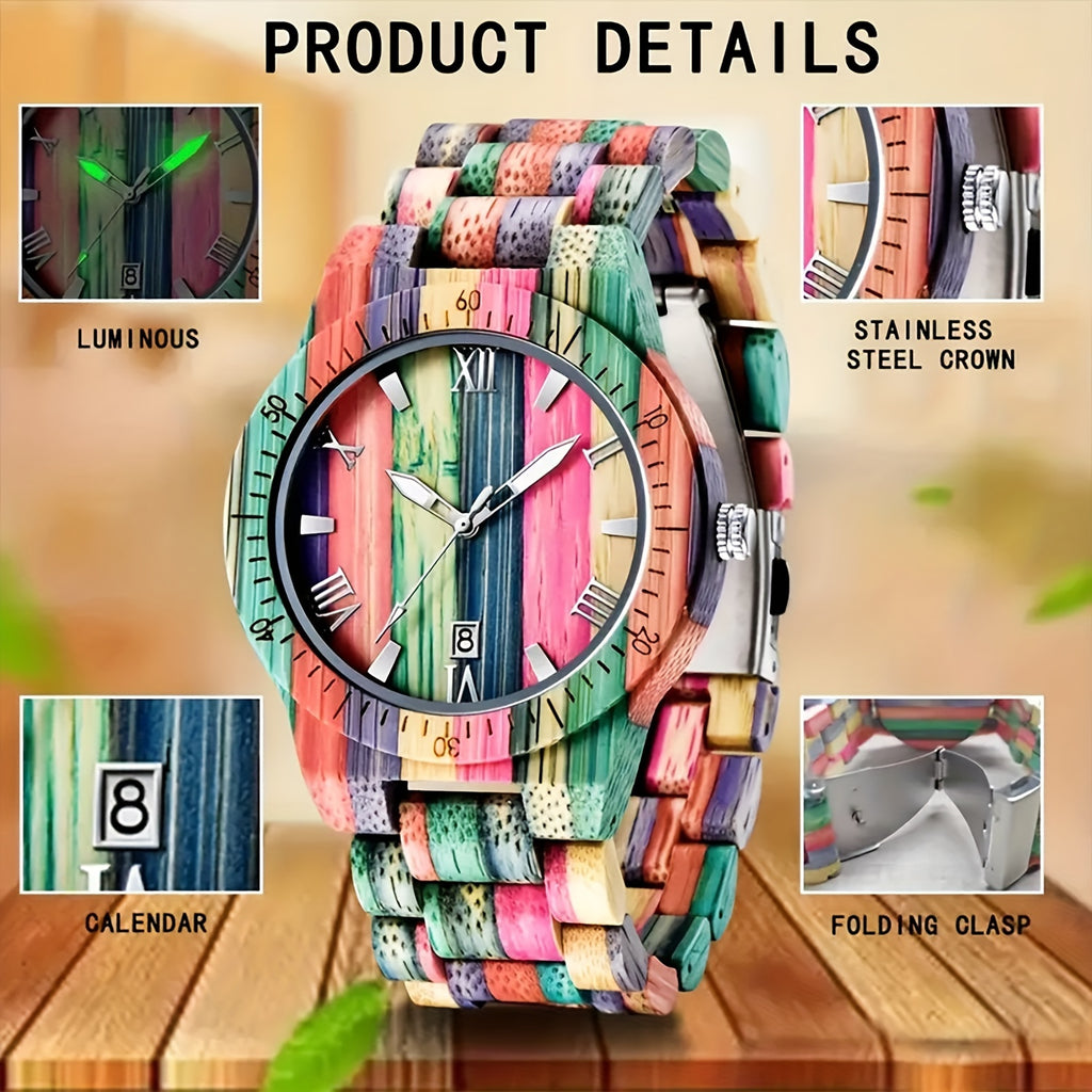 LeeEv Light Weight Classic Wooden Watches For Men Handmade Colorful Bamboo Engraved Wood Watch Analog Quartz Men's Wooden Watch Gift