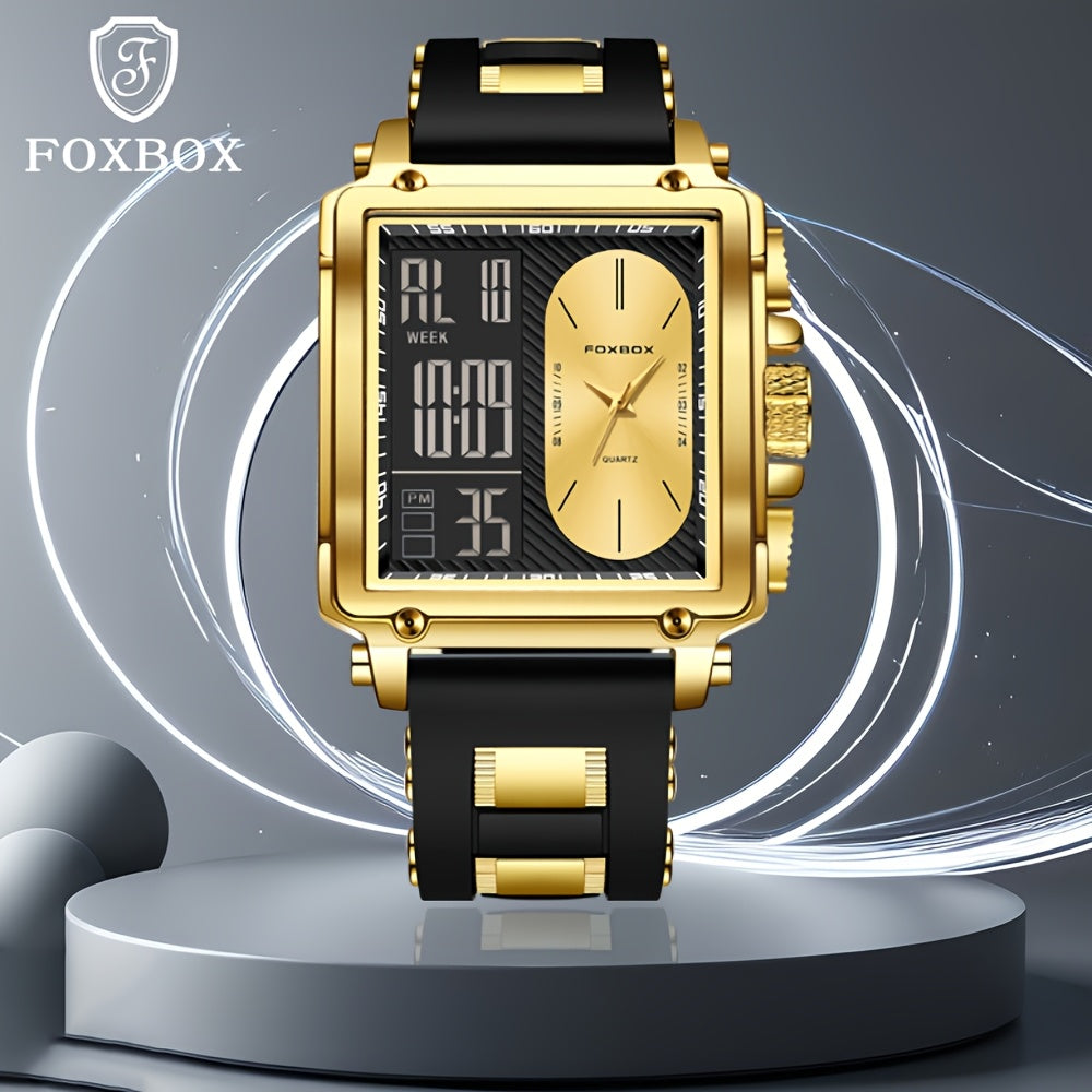 LIGE Men's Luxury Dual Display Business Watch - Golden & Black Quartz Chronograph with World Time, Stopwatch, Date Display, Square Face, Battery-Powered - Ideal for Father's Day & Christmas Gifts, Versatile Wristwatch, Modern Square Face, Sophisticated St