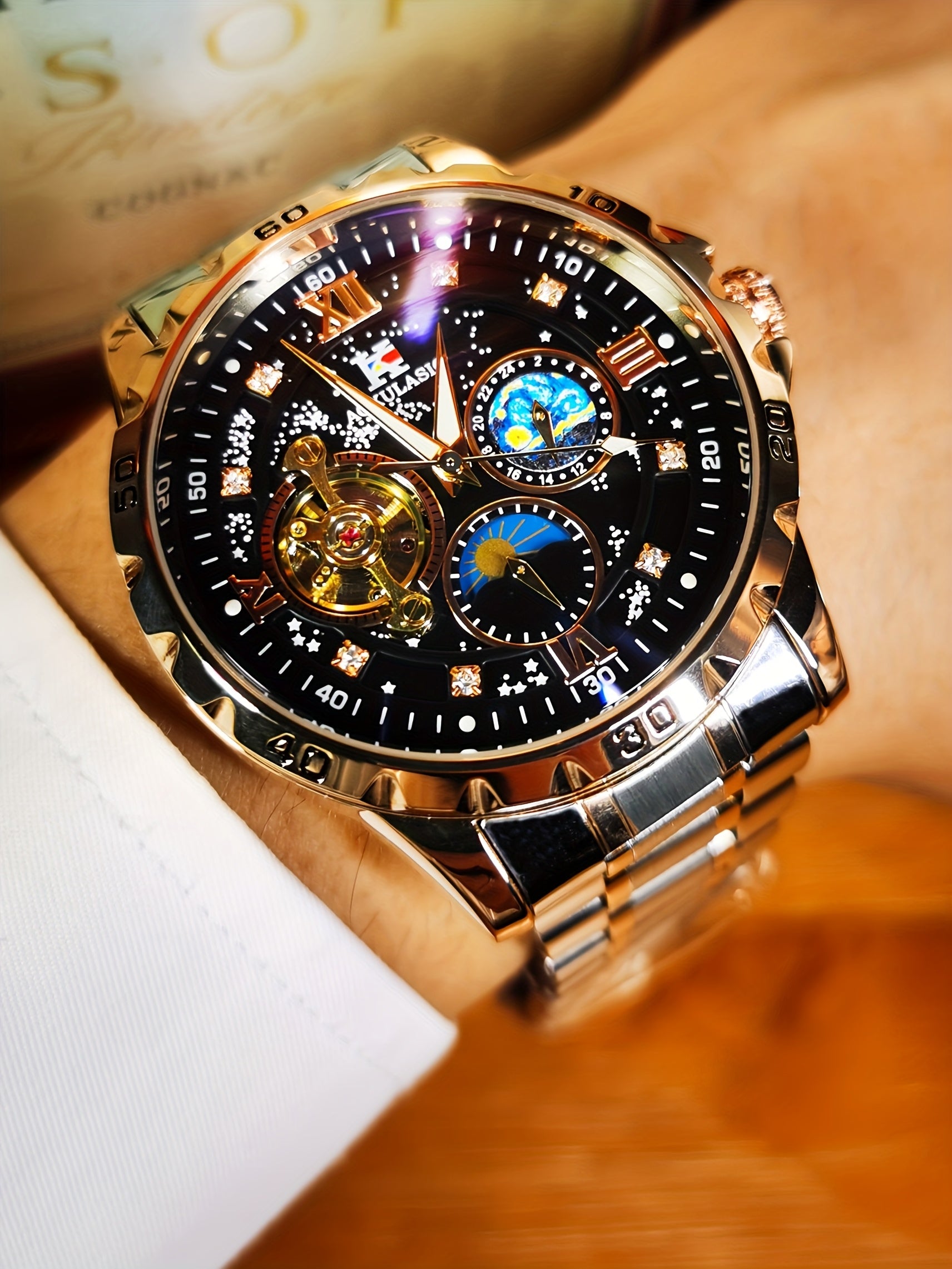 Top Brand Men Fashion Tourbillon Skeleton Automatic Mechanical Watch, Rose Golden Case Stainless Steel Strap, Iced Out Starry Sky Luminous Dial, Business Casual Mens Watches, 1pc, Gifts with Box