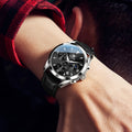 OLEVS Men'S Watches - Stylish Casual Analog Quartz with Faux Leather, Waterproof, 6-Hand Multifunction Chronograph, Luminous Business Date, Moon Phase, Gray/Black Dial Wristwatch for Men