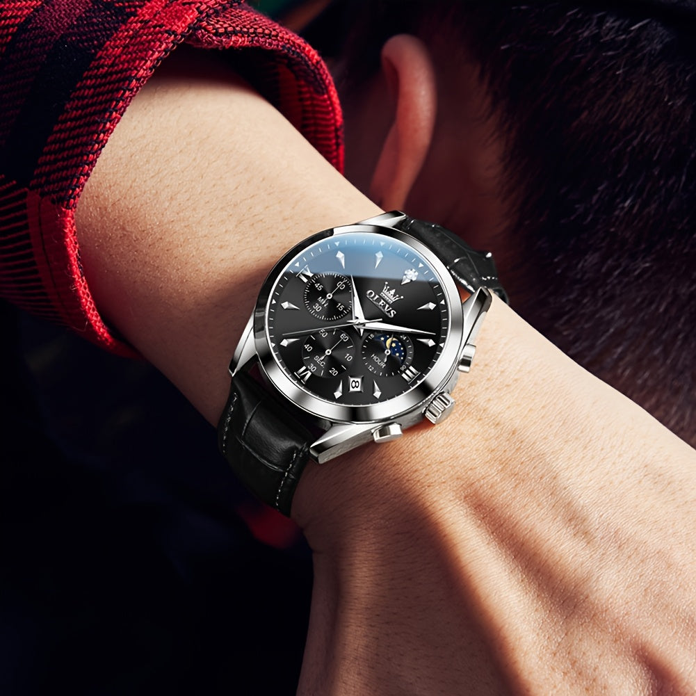 OLEVS Men'S Watches - Stylish Casual Analog Quartz with Faux Leather, Waterproof, 6-Hand Multifunction Chronograph, Luminous Business Date, Moon Phase, Gray/Black Dial Wristwatch for Men