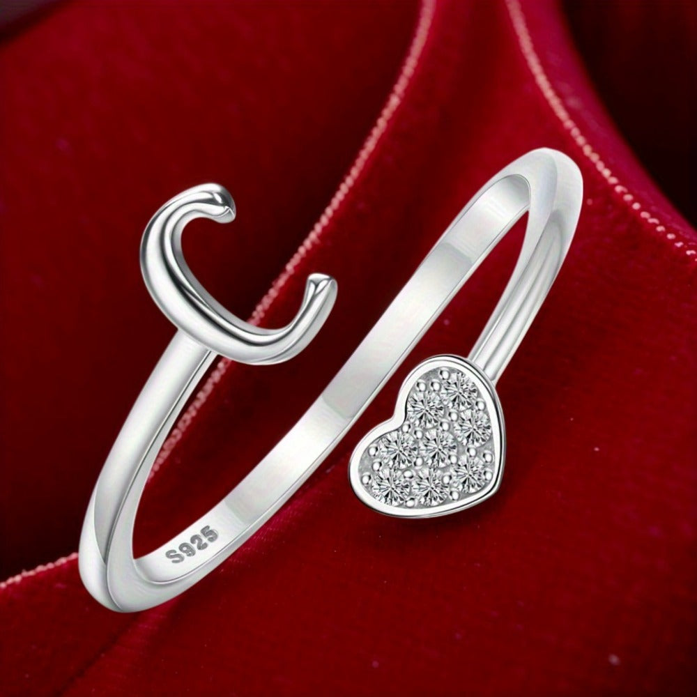 1pc 925 Sterling 925 Silver Letter Heart Initial Rings for Men Initial Heart Stackable Rings Adjustable Initial Rings for Men Cute Heart Alphabet Valentine's Day Jewelry Gifts, the best Christmas gift, Total weight of the product (3.2g)