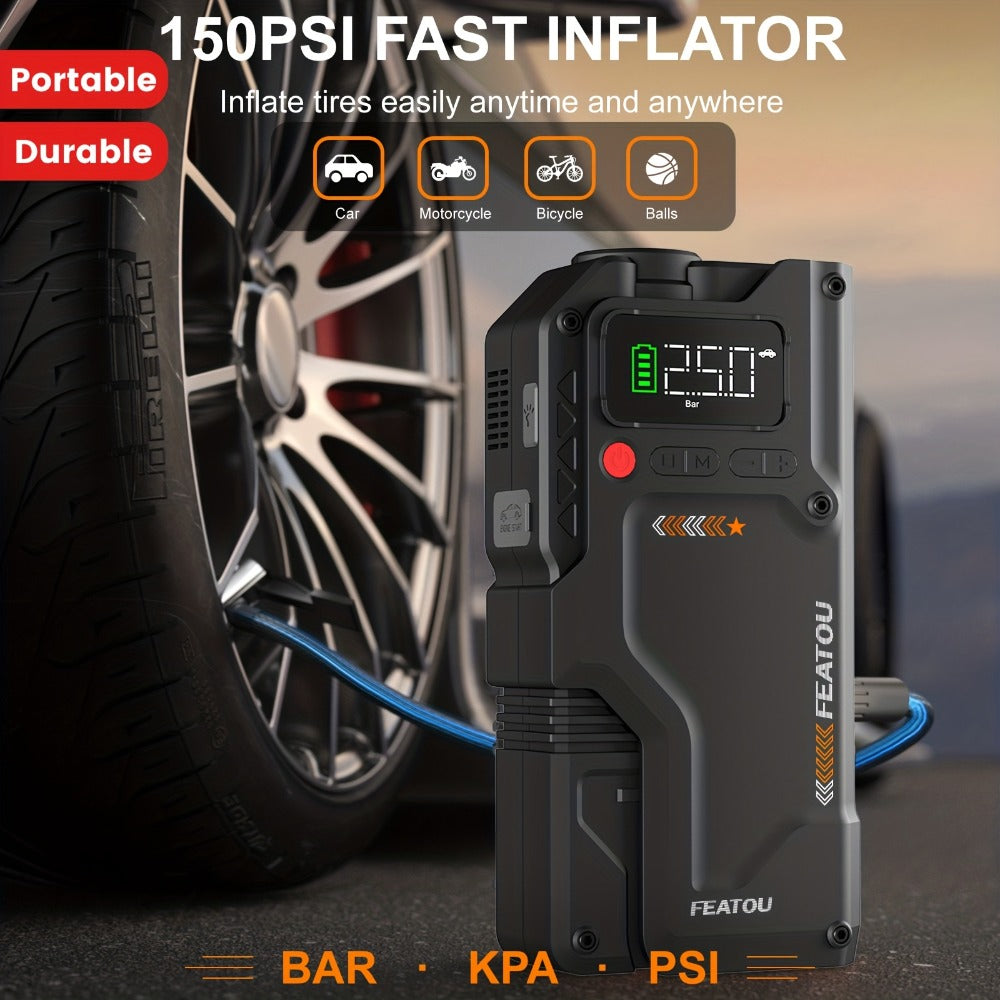 Jump Starter with Air Compressor, Portable Car Jump Starter, 5000A&7000APeak, Jump Starter Battery Pack With150PSI Digital Tire Inflator, Car Battery Jump Starter for 10.L Gas Or 2.38gal Diesel Fast Charging USB Output, LED Emergency Lighting