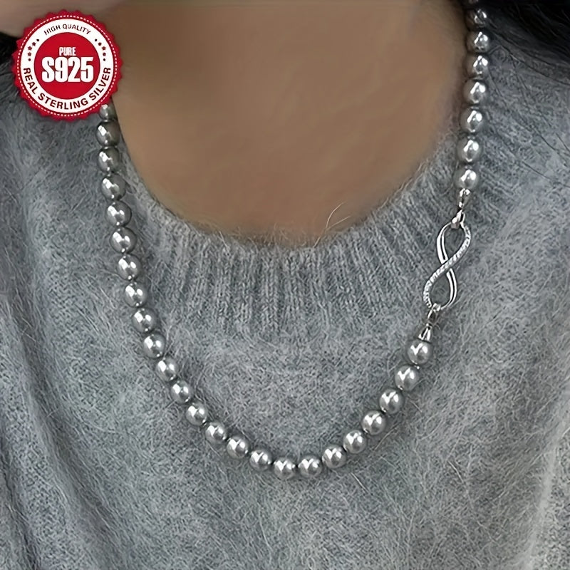 Exquisite 925 Sterling Silvery Imitation Pearl Necklace, Double-Layer Luxurious Style, Detachable Buckle, Anti Allergic Round Pearl Chain, Suitable for Daily Wear And Special Occasions, Perfect Gift for Mother'S Day