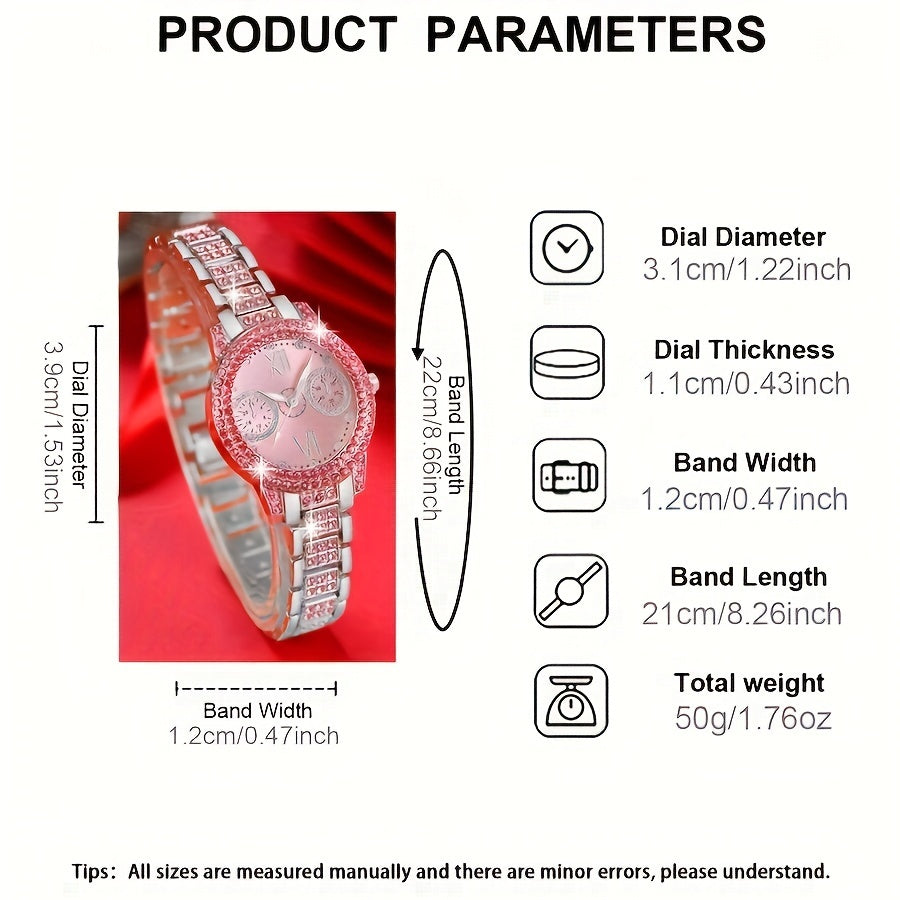 3pcs Set Fashion Watch and Jewelry Set, Elegant Pink Ring Watch Set with Rhinestone Accessories, an Ideal Gift Choice for Women