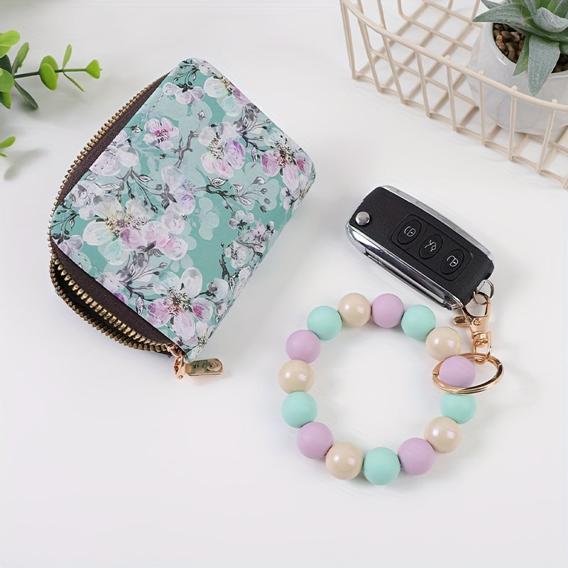 1pc Fashionable And Elegant Bright Bead Bead Wrist Keychain Printed Organ Storage Bag ID Storage Bag Clip Women'S Zero Wallet Keychain Gift For Friends And Mothers