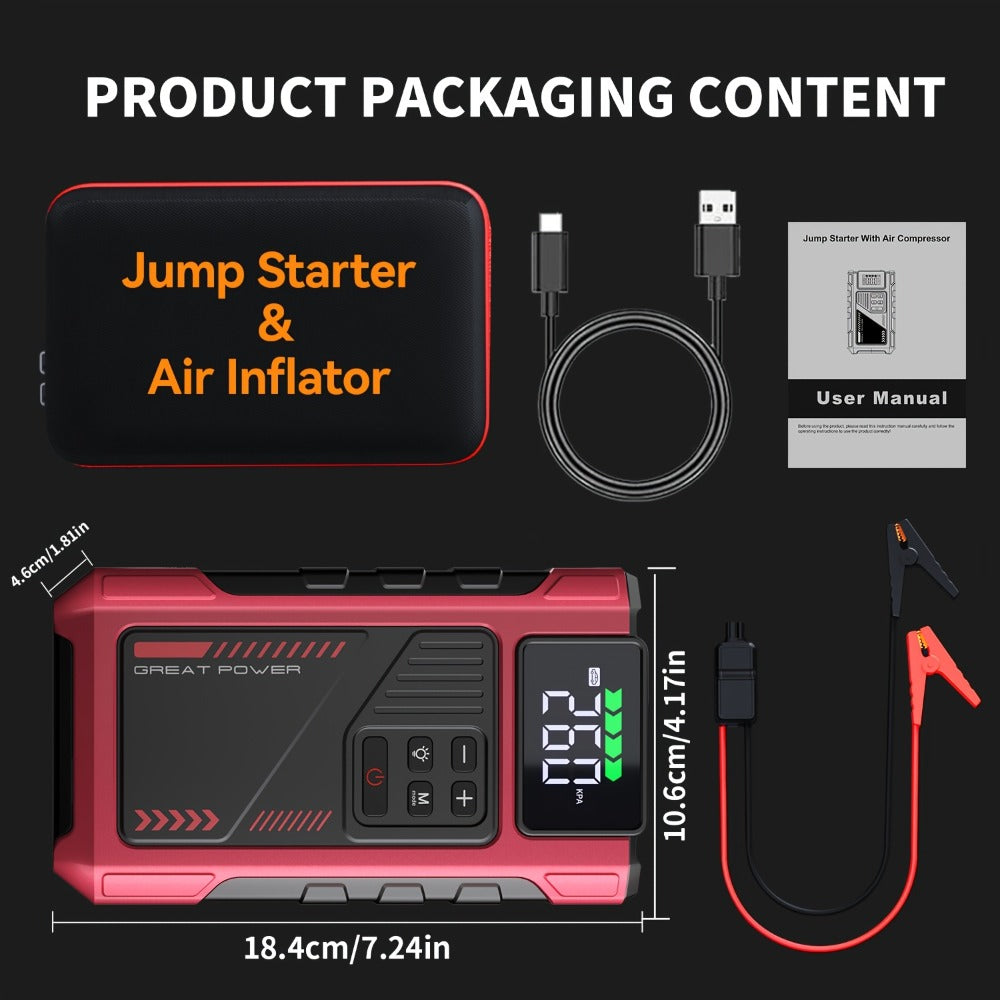 [Portable Jump Starter] 9-in-1 Portable Jump Starter with Air Compressor, Jump Starter for Car, Battery Jump Starter Portable, Car Battery Charger Portable For12V(8.0LGas/6.5L Diesel) Start The Car Quickly, USB Input/output, LED Emergency, Car Accessories