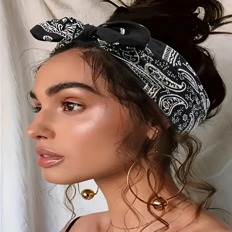 6pcs Bohemian Cashew Flower Women'S Bow Elastic Sports Headbands - Loose Elastic Headscarves, 6 Colors (Sky Blue/ Black/ Navy/ Wine Red/ White/ Red) Suitable for All Seasons, Outdoor And Daily Wear