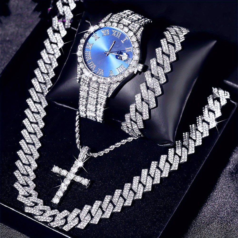Luxury Cuban Link Jewelry Set: Necklace, Bracelet, Pendant Necklace, and Wristwatch Full Set - Ideal Gift for Holiday Celebrations, Valentine's Day, Christmas, and Birthdays