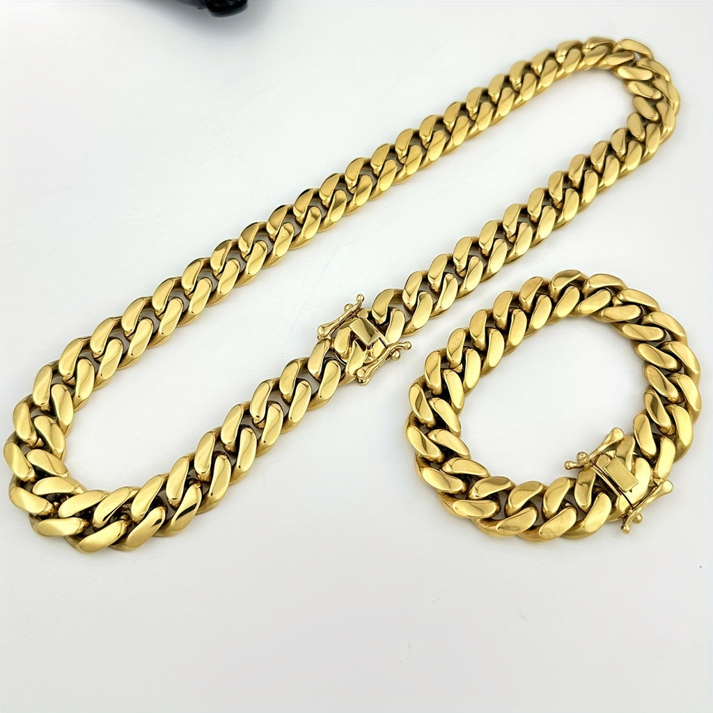 Set of 2pcs Featuring a Cuban Link Chain Made of Thick 18K Gold Plated 18K Gold Plated-Plated 83.48gal, Designed for Men. This New Button Necklace And Bracelet Set Allows for Easy Disassembly, Making It a Stylish Gift Option.
