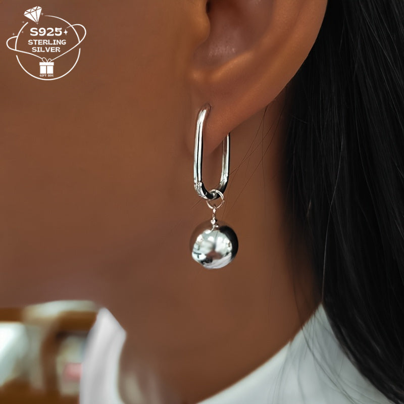 1 Pair of Women's S925 Silver Simple High-End Geometric Glossy Large Round Bead Pendant Everyday Multifunctional Party Earrings no box