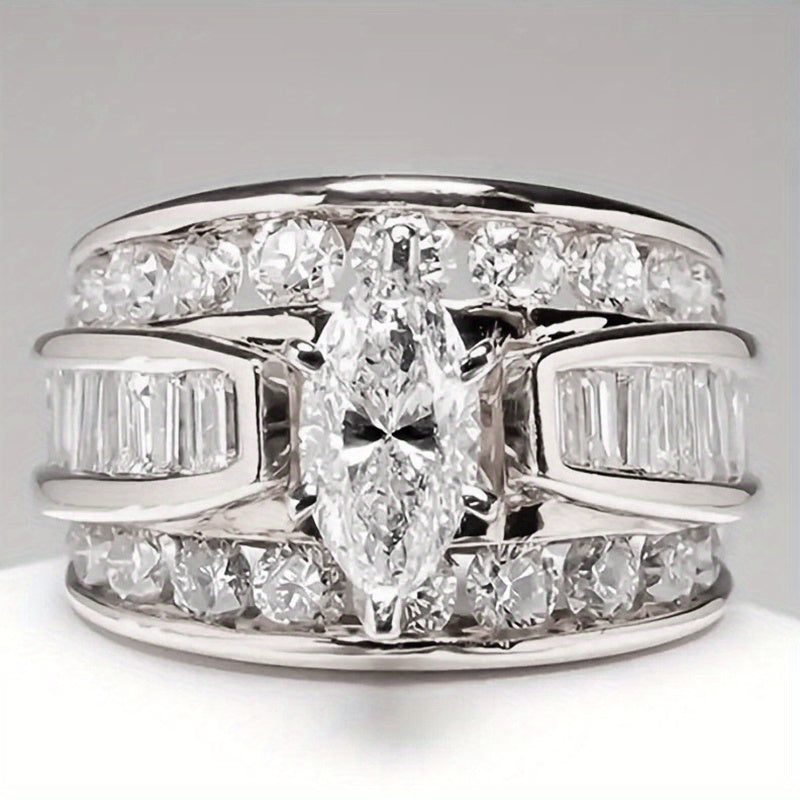 2pcs Fashionable And Exquisite Ladies' Anniversary Commemorative Ring Set with Wide Edition Engagement Ring Ladies' Wedding Banquet Luxury Jewelry Gift