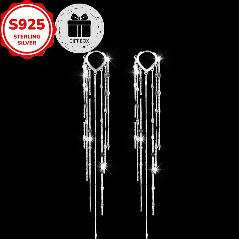 Two elegant 925 sterling Silvery tassel earrings, long hanging fashionable jewelry, come with a gift box, perfect for wedding/ banquet, Christmas party accessories, suitable for all seasons
