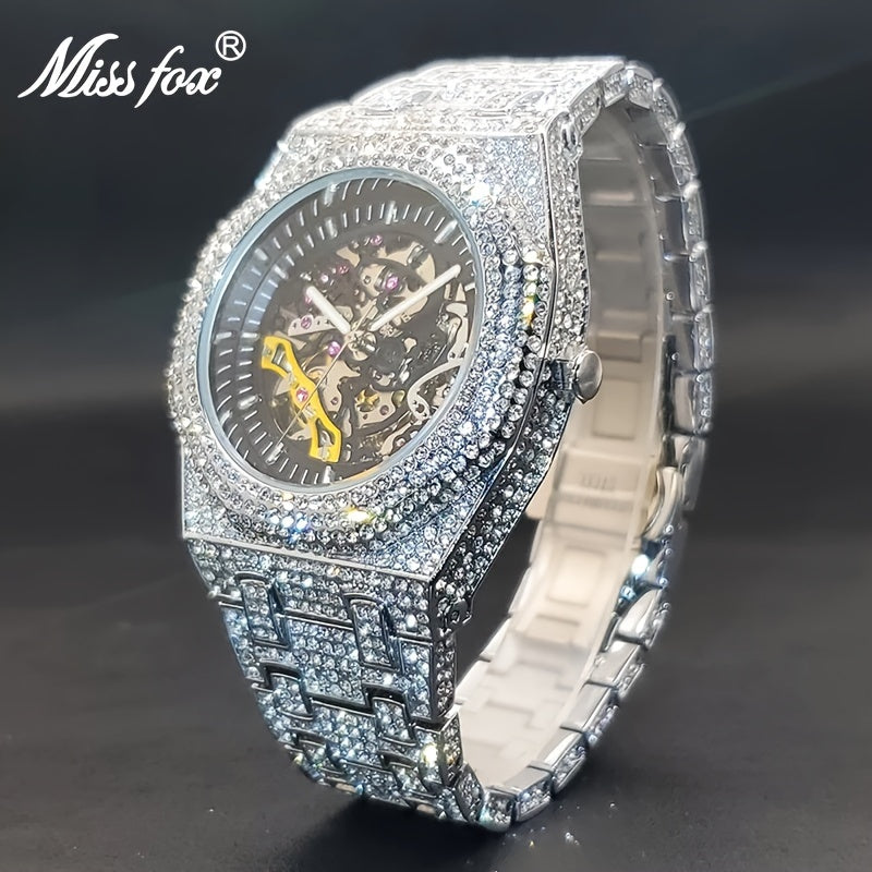 Miss Fox Men's Luxury Iced-Out Automatic Mechanical Watch - Hip Hop Style, Steel Large Dial, Full Accents, Transparent Back, Black Strap, Glow-in-the-Dark, Party Fashion Accessory, for women