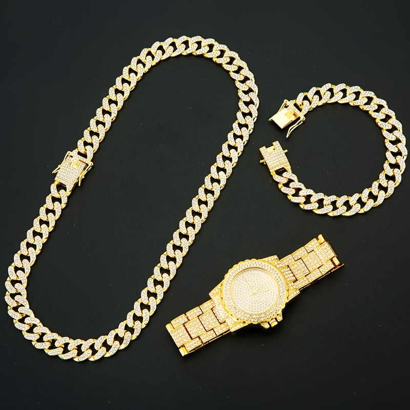 Set of 4pcs, Including a Men'S Watch, a Cuban Necklace And Bracelet, And a Cross Necklace for Men