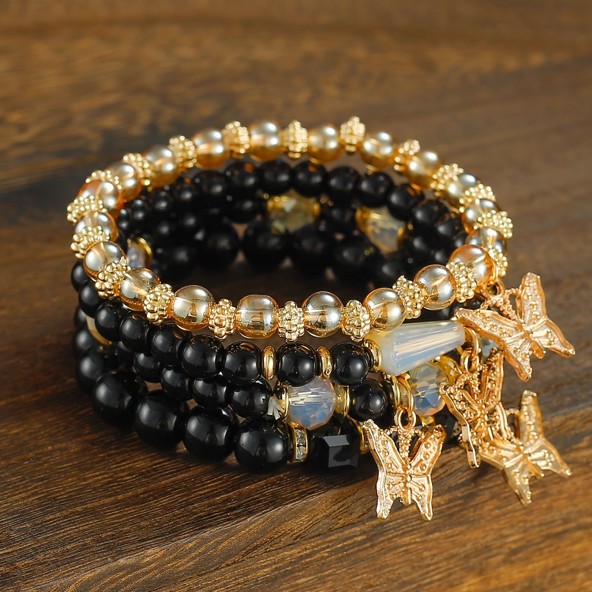 4pcs, 8pcs, 16pcs/Set Bohemian Elegant Gift Bracelet, Butterfly Sparkle Multi-Layered Beaded Fashion Bracelet, Elastic Charm Beaded Bracelet, The Perfect Gift for Stylish Ladies, Suitable for Ladies